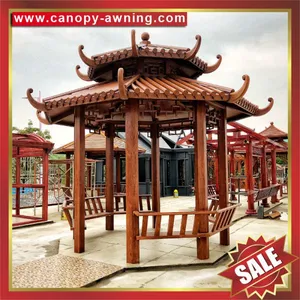 Outdoor Park Garden Wood Look Style Aluminum Metal Gazebo Pavilion Pagoda Gloriette Inn Shelter thumbnail-1