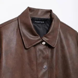 New Women's Vintage Loose Casual Long-sleeved Pocketed Faux Leather Blazer With Collar. thumbnail-4