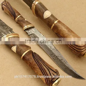 Custom Handmade Damascus Blade Brown Wood Handle With Brass Ring thumbnail-1