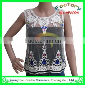 New Fashion Korean Style Women Sleeveless Lace Elegant Blouse Design Organza Embroidery Tank Top for Women Blouse thumbnail-3