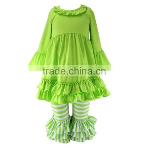2016 Kaiyo Christmas Wholesale Children Clothing Usa Solid Green Ruffle Dress With Stripe Ruffle Pants Boutique Girl Clothing thumbnail-1