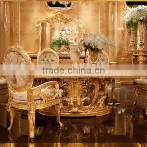 Luxury Gold Leaf Furniture, Rectangular Dinning Table For Eight People, Exquisite Wood Carved Dinning Room Furniture Set thumbnail-1