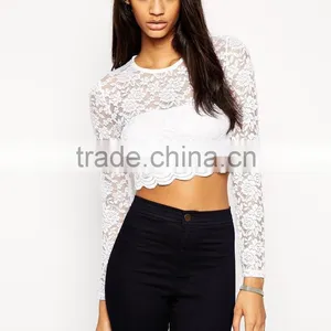 Hot Sale Cropped Top With Long Sleeves In All Over Lace thumbnail-2