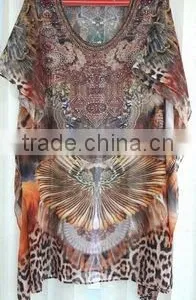 DIGITAL Print Georgette Crystal Embellish Kaftan CAFTAN Tunic Poncho Blouse thumbnail-1