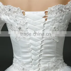 MGOO Off Shoulder Short Sleeve Shinny Beaded Lace Hem A-line Floor Length Wedding Dress Crisscross Back thumbnail-6