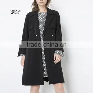 2018 Fashion Women Classical Black Plain Collar Belted Long Trench Coat thumbnail-1