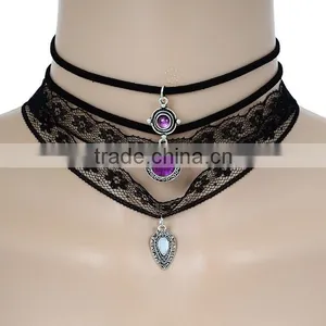 Zm34539a Vintage Faux Stone Black Lace Choker Necklace Set thumbnail-1
