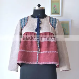Vintage Kantha Kediyu Style Jacket in Beautiful Vintage Colors ~ Large thumbnail-1