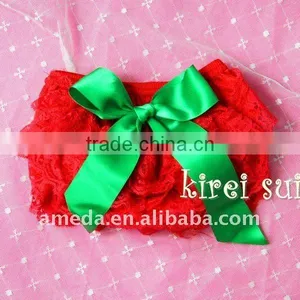 Christmas Baby Red Lace Petti Bloomers With Green Bow thumbnail-1