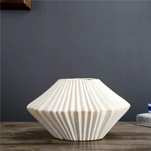 Pleated Battle Frosted White Geometry Three-Piece Ceramic Vase For Soft Decoration thumbnail-2