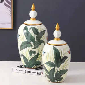 Modern Simple Style Zerba Flower Grass Painting Lidded Ceramic Vases For Home Table Decoration thumbnail-5