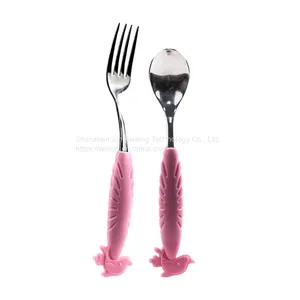 Baby Food Stainless Steel Tableware Training Fork Soup Rice Spoon Silicone Baby Spoon Fork thumbnail-2