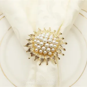 Hot Selling Shiny Gold Pearl Beaded Round Sun Flower Napkin Ring thumbnail-3