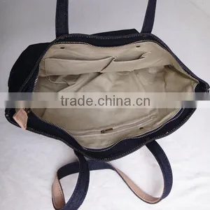 High Quality Navy Denim Bag Denim Tote Bag With Leather Trim thumbnail-5