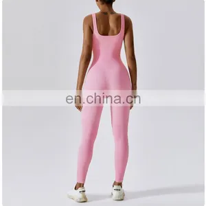 Good Quality Ribbed Seamless One Piece Jumpsuit Ladies Compression Slim Dance Gym Yoga Workout Bodysuit Women Sexy U Back Bra thumbnail-4