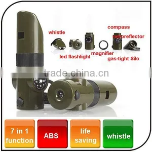Outdoor 7 in 1 Emergency Plastic Lifesaving Flashlight Whistle Compass Survival Whistle With Led Flashlight thumbnail-1