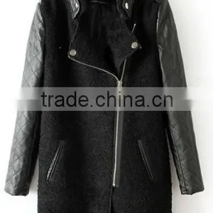 Black Contrast Leather Quilted Sleeve Wool Zipper Coat thumbnail-1
