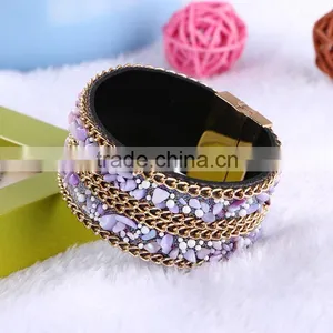 New Arrive Nature Stone Wide Crystal Velvet Magnetic Clasp Bracelet Bohemia Style For Women thumbnail-5