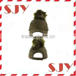 Women's Faux Leather Fur Pom Pom Adjustable Baseball Cap thumbnail-4