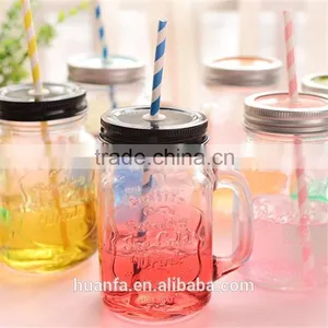 Hot Selling Products of Glass Drink Pump Lid 480ml Colorful Glass Mason Jar With Handles Wholesale thumbnail-1