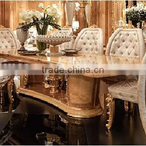 Luxury Button Tufted Upholstered Chair, Gilding Dinning Table For Eight People, Exquisite Wood Carved Dinning Room Furniture Set thumbnail-1