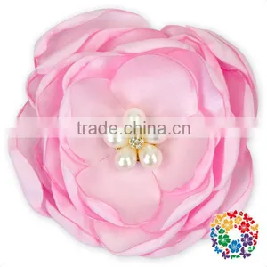 Pink Pearl Rhinestone Center Handmade Satin Ribbon Fabric Flower thumbnail-1