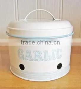 Vintage Style Cream Enamel Garlic Storage Tin thumbnail-1