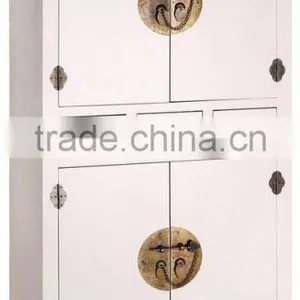CREAM ORIENTAL WOODEN CABINET W/4 DOORS & 3 DRAWERS thumbnail-1