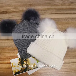 High Quality Cashmere Knitted Hat With Double Fur Poms KR-H010 thumbnail-5