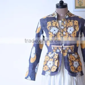 Denim Jacket in Kediyu Style With Vintage Kantha Fabric ~ Medium thumbnail-2