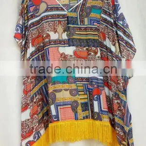 Hot Sale Ladies' Fashion Floral Printed Kimono With Tassel Viscose Cotton Soft Blouses thumbnail-2