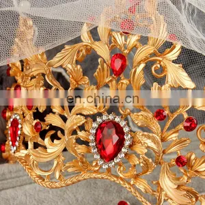 Bulk Indian Bridal Hair Accessories Baroque Red Rhinestone Gold Plated Queen Tiara and Crowns thumbnail-2