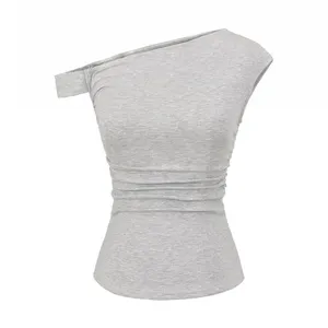 Sunset Women's Summer Vest 2025 Spring and Summer Design Sense Oblique Shoulder Fold Waist Irregular T-shirt Top Women thumbnail-4