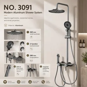 NO.3091 Modern Aluminum Shower Set With Storage Platform 4-Way Water Control for Hotel Apartment Project Supply thumbnail-1