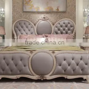 Elegant French Rococo Style Bedroom Furniture Set Wood King Size Bed With Full Leather thumbnail-1