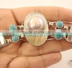 Sterling Silver BLISTER PEARL & TURQUOISE . Bracelet, Semiprecious Bracelet thumbnail-1