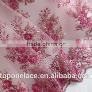 Pink Bridal Lace Fabrics Wholesale Evening Sequins Beaded Dresses French Lace Fabric thumbnail-1
