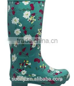 Women Blue Flower Rubber Rain Boots thumbnail-1