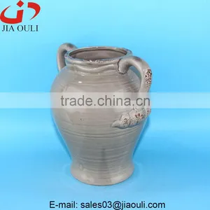 Antique Design Large Grey/Green Ceramic Garden Flower Vase With Handle thumbnail-2