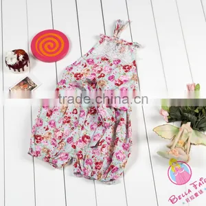 2017 Newest Rose Light Pink Floral Cotton Belt Jumpsuit for Baby Girls thumbnail-1