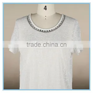 Fashion Woman Korean Lace Linen Fabric Blouse Beaded Neck Design thumbnail-4