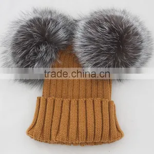 Myfur Female Warm Genuine Fur Bobble Beanie Real Fur Pom Pom Fox Knitted Beanie Hat Warm Winter Cap thumbnail-1