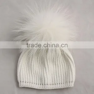 Myfur Baby Knitted Beanie Hat With Removable White Raccoon Fur Pom Poms Wholesale thumbnail-4