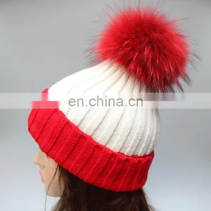 Stock Hat Fashion Winter Real Big Raccoon Fur Ball Knitted Beanie Hat thumbnail-3