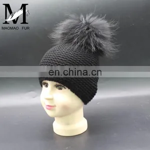 Fashion Kids Winter Knitted Raccoon Fur Pompom 100% Acrylic Knitted Beanie Hat thumbnail-6