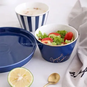 Nordic Blue White Stripes Ceramic Tableware Set Western Food Plate Bowls Breakfast Dish Salad Bowl Rice Bowl Dishes thumbnail-2
