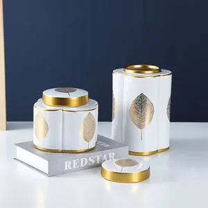 European Simple Style Yellow Leaf Painting Ceramic Flower Vases With Lid For Home Decoration thumbnail-2