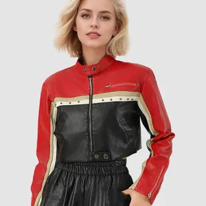 2025 Internet Red Block Spliced PU Leather Waist-exposed Cool Women's Leather Jacket Customization thumbnail-3