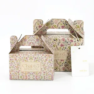 Custom Floral Printed Gable Boxes Handle Gift Packaging for Tea, Pastry & Candles thumbnail-1