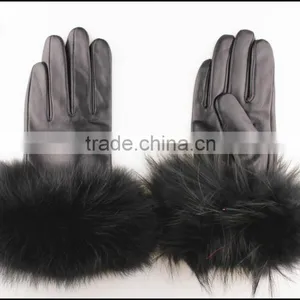 Ladies Leahter Gloves With Rex Rabbit Fur Trim thumbnail-1